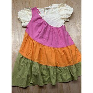Heyson Ruffle Flair Tiered Dress Color Block Boho Anthropologie Pink Orange L